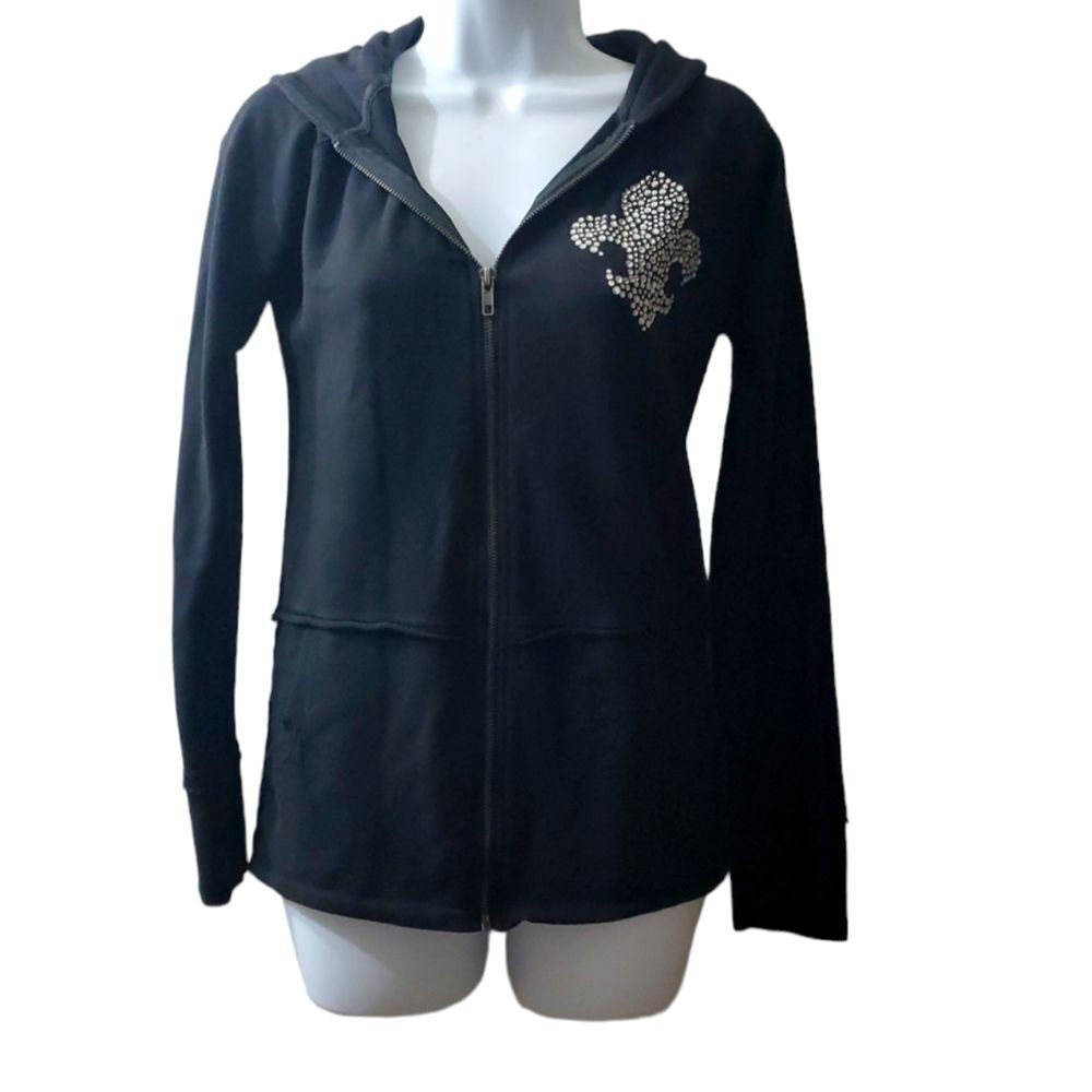 Yag Couture Womens Fleur de lys Black Blingee Rhinestone Full Zip Hooded Jacket